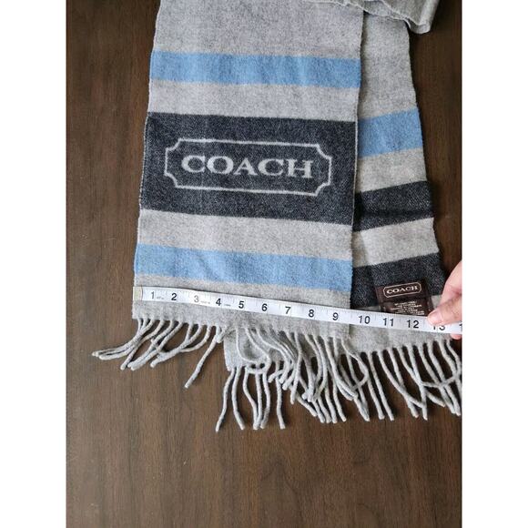 Coach Wool Cashmere blend scarf 9 1/2" w 59" long UNISEX BLUE GRAY STRIPED - Picture 3 of 5